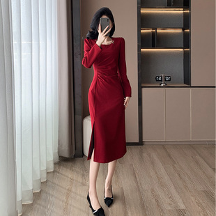 红色长袖连衣裙女春季法式订婚礼服新娘敬酒服高级感收腰开叉长裙