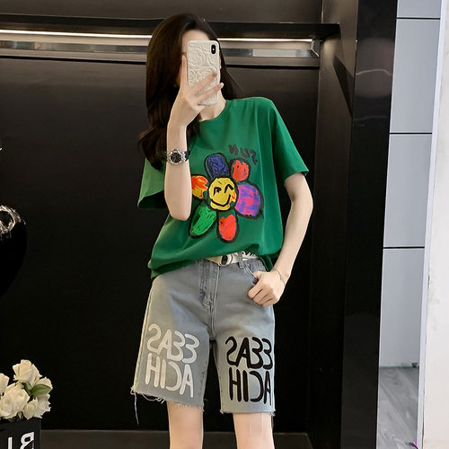 宽松T恤牛仔短裤两件套套装