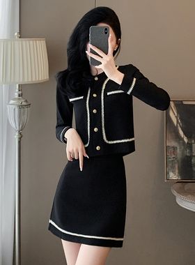 法式小香风时尚套装裙女春季高级感黑色短外套上衣半身短裙两件套