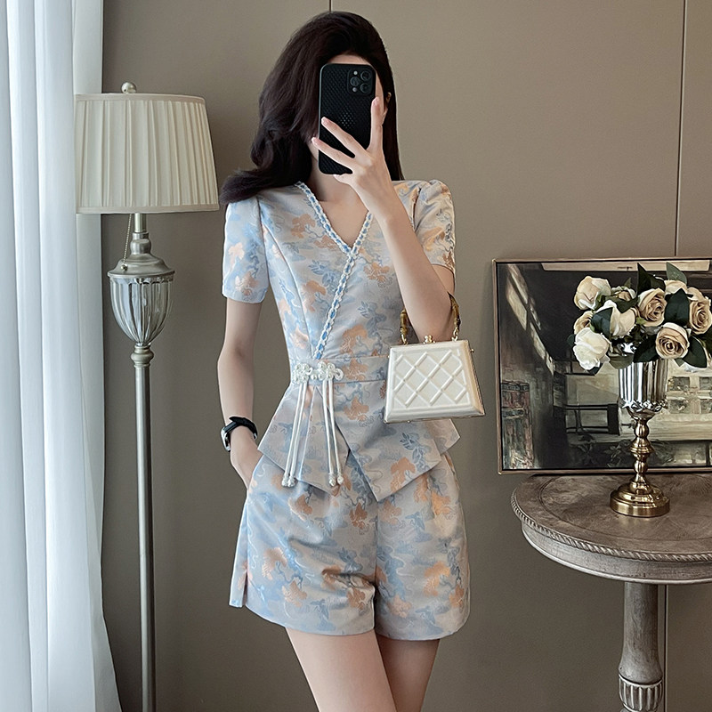重工提花改良新中式套装女国风短袖V领盘扣上衣短裤时尚两件套夏,女装/女士精品,大码套装,淘宝优惠券,粉丝福利购,淘宝优惠卷