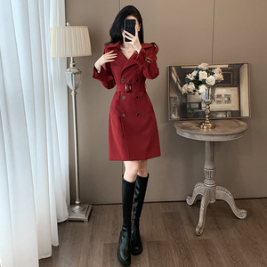 安哥拉红色风衣连衣裙女春季高级感收腰中长款简约气质大衣外套女