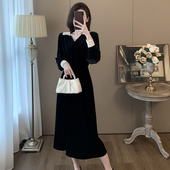 蕾丝拼接连衣裙打底内搭 V领高腰中长款 法式 复古赫本风金丝绒修身