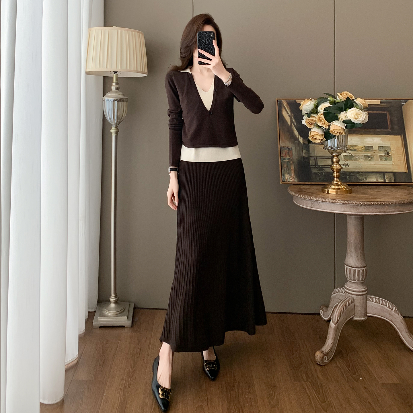 POLO领针织上衣半身裙通勤两件套