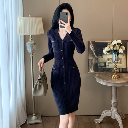 春秋季小香风V领长袖针织连衣裙女修身显瘦包臀裙毛衣内搭打底裙