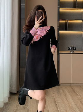 新中式撞色拼接盘扣国风连衣裙女
