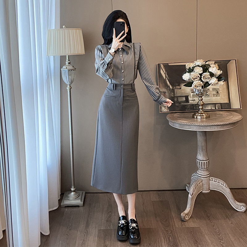 2025春季新通勤御姐范修身条纹衬衫高腰中长款包臀西服裙时尚套装