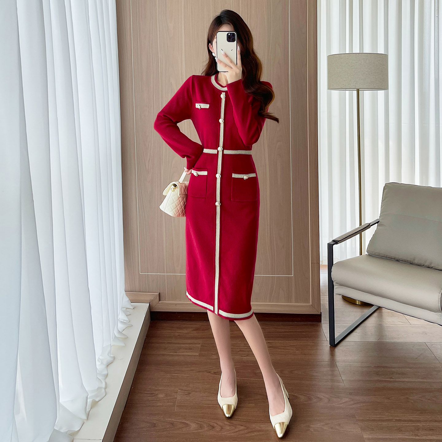 新年战袍本命年红色针织连衣裙