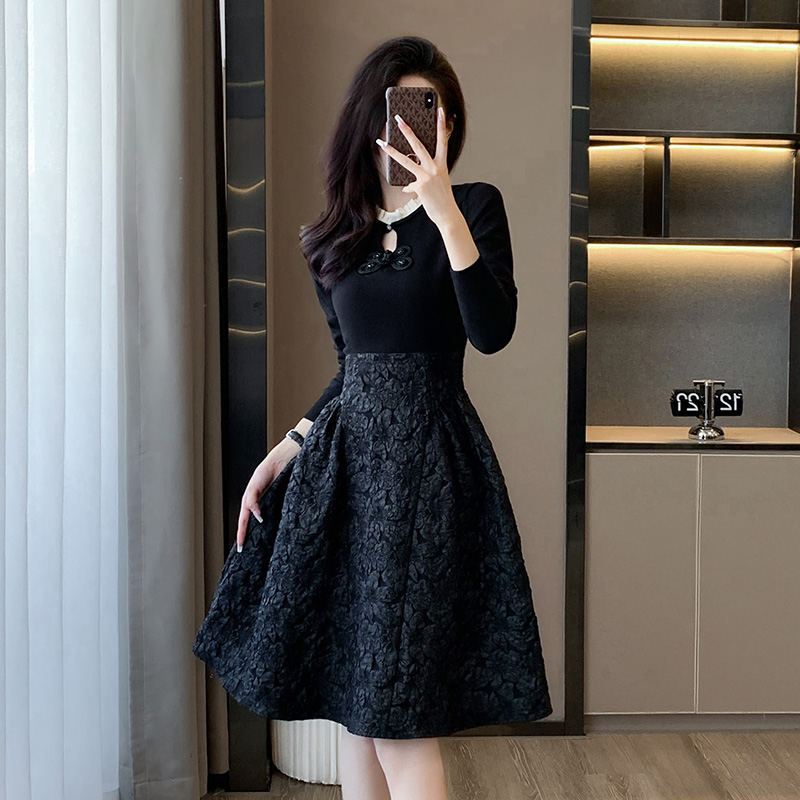 中式复古小香风黑色连衣裙女秋