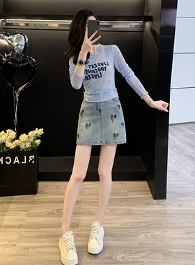 长袖针织显瘦罩衫半身裙套装女秋