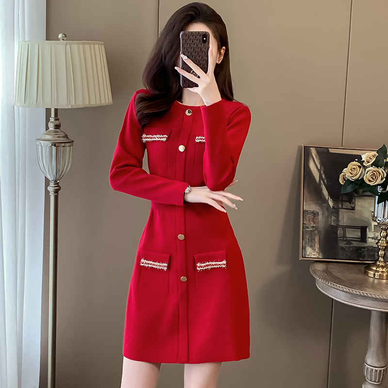 小香风红色针织连衣裙女秋季