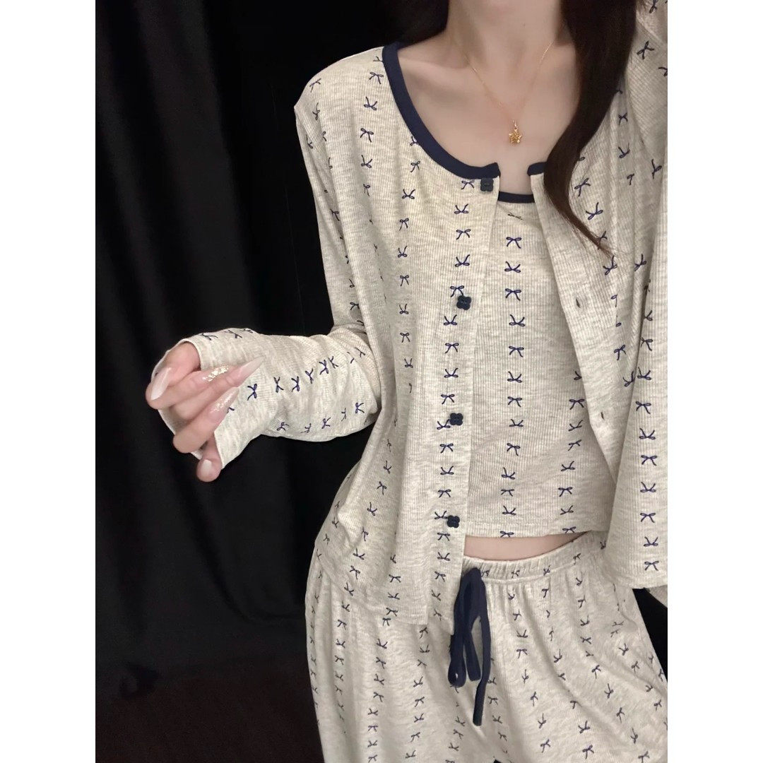 纯欲风蝴蝶结三件套睡衣女春秋薄睡衣/家居服套装