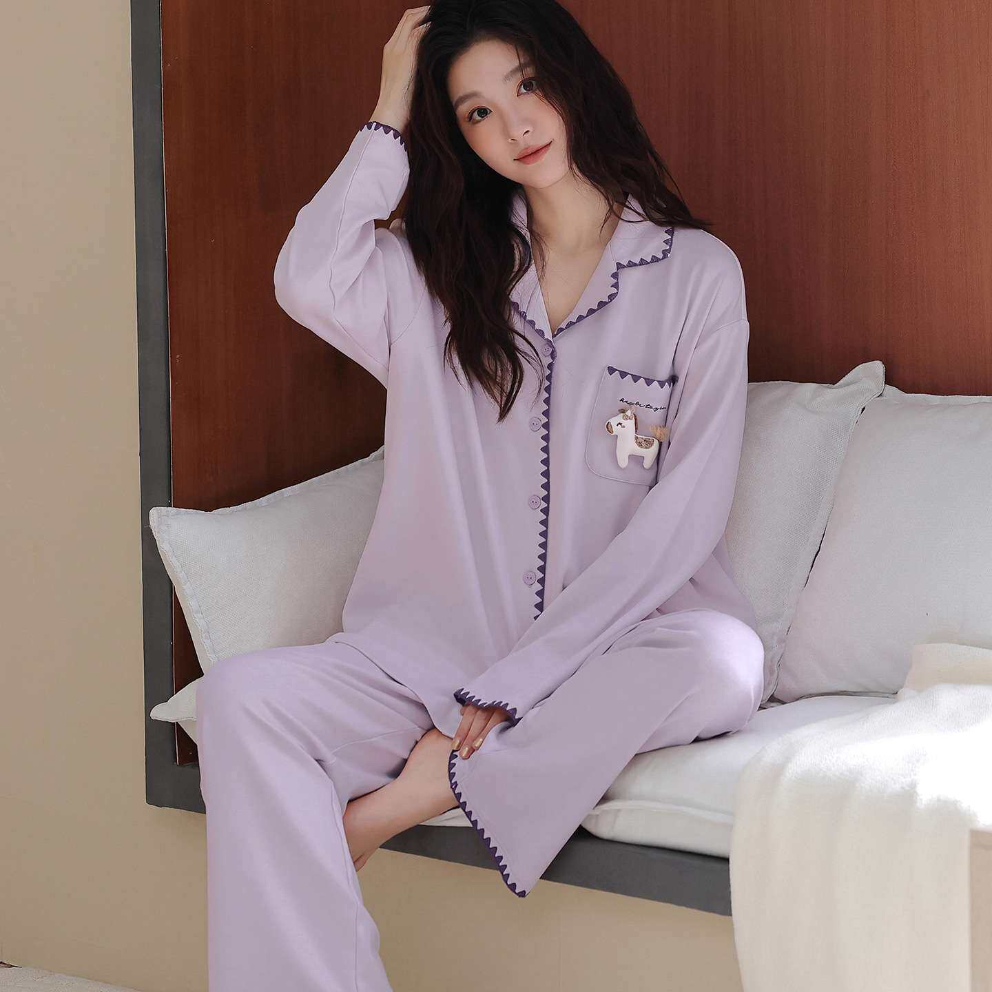 秋季新款纯棉睡衣女士开衫翻领休睡衣/家居服套装