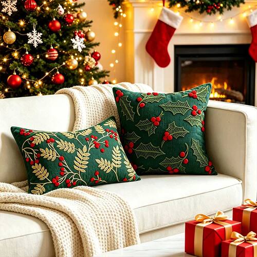 Christmas Throw Pillow Covers Holly Berry Embroidered Green