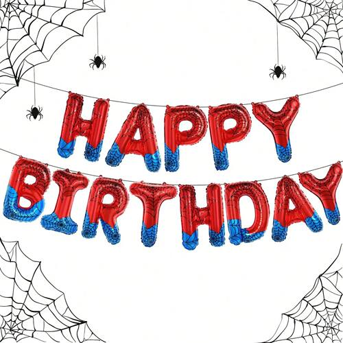 Spider Theme Happy Birthday Banner Balloons Red and Blue Let