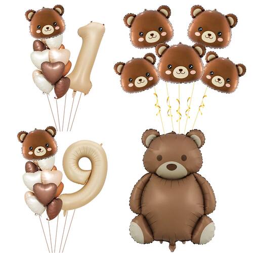 Coffee Brown Teddy Bear Balloon Number Heart Balloon set kid