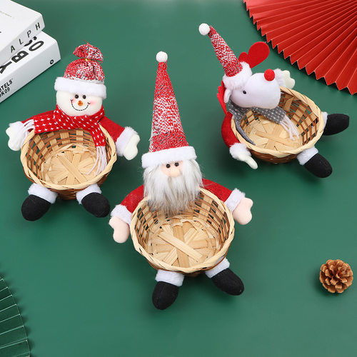 Christmas Doll Bamboo Basket Ornaments Santa Claus Candy Bas