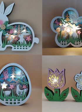 2025 New Easter Decoration for Home Wooden Easter Bunny LED