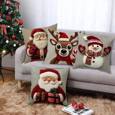 Christmas Pillowcase Grey Red Cartoon Santa Snowman Elk Sofa