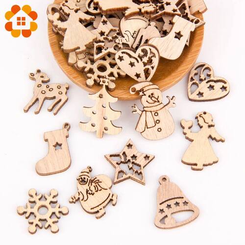 50pcs Multi Styles Creative Wood Chips Pendants Christmas Se