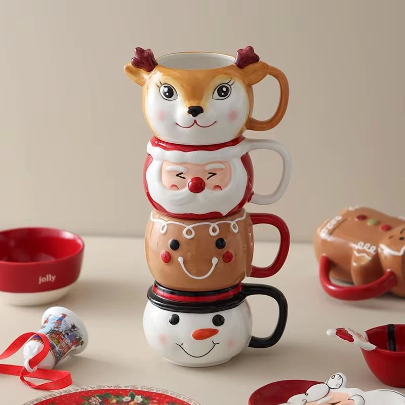 Cute Cartoon Elk Santa Claus Ceramic Coffee Mug Stacked Cups