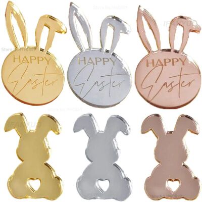 10Pcs Happy Easter Bunny Egg Cake Toppers Acrylic Gold Silve