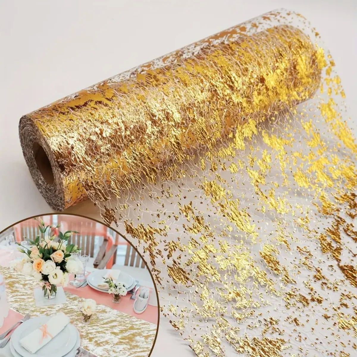 Sparkle Metallic Gold Table Runner Sequin Glitter Foil Mesh