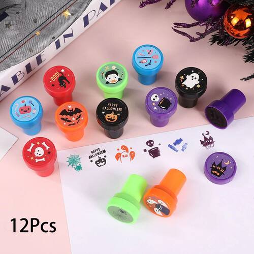 12Pcs Halloween Theme Stamps Skull Ghost Pumpkin Self-ink St