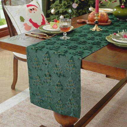 Plush Embroidery Green Christmas Holiday Table Runner Decora
