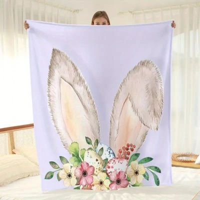 1pc Easter Bunny Ears & Floral eggs Flannel Blanket - Double