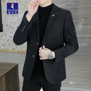 啄木鸟男款修身西装外套男黑色韩版新款小西服轻奢感加厚休闲上衣