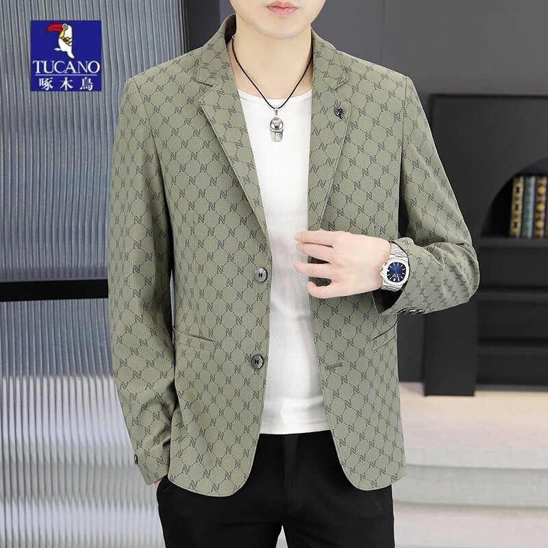 啄木鸟2026春秋季新款时尚西服潮流休闲翻领男士西服修身上衣潮