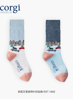 CORGI英国进口女士浪漫海滨印花精梳棉休闲防臭舒适流行中筒袜
