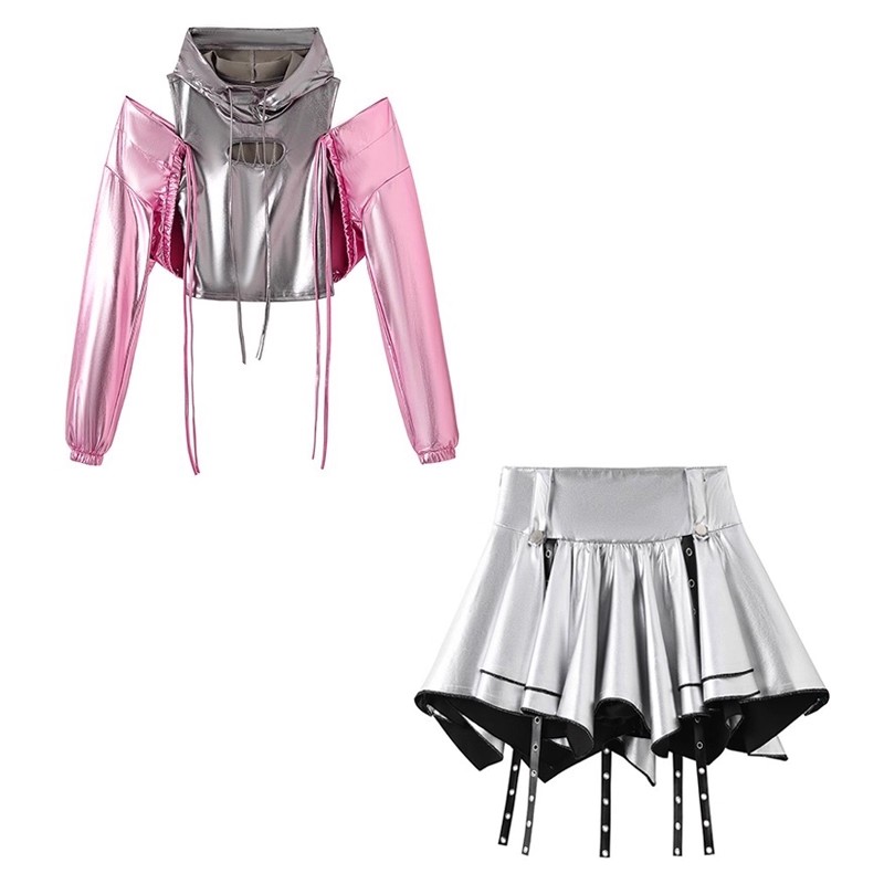 女短款上衣高腰百褶裙套装爵士舞演出服拉拉队啦啦操健美操团体服