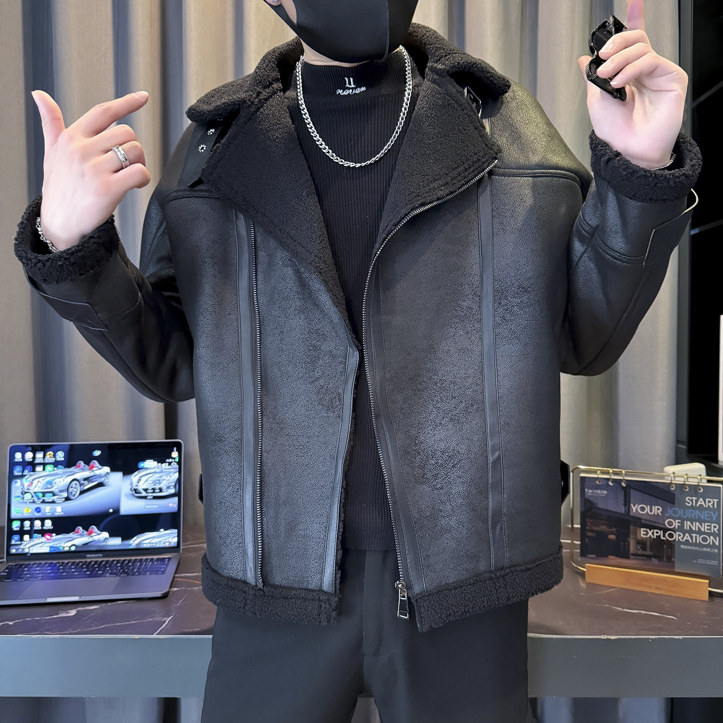 微阔版型皮毛一体皮衣货号：911批价：220,男装皮衣,电商B217
