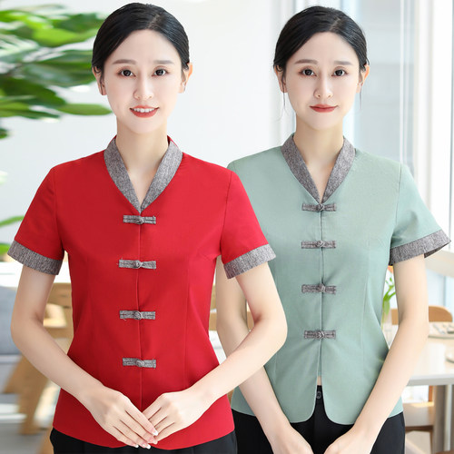 酒店餐厅工作服绿夏装中国风短袖女火锅店服务员餐饮饭店员工套装