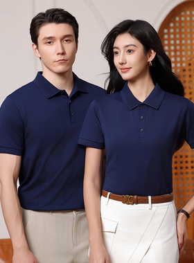 商务风职业装POLO衫女短袖蓝色修身气质通勤工作服公司上班制服棉