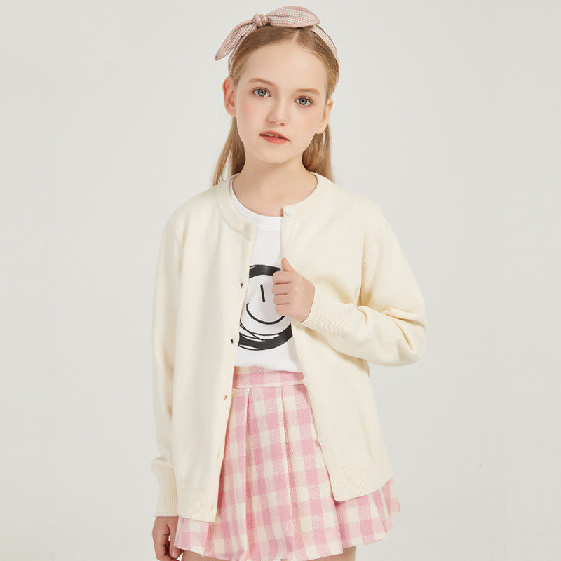 2026女童米白色纯棉针织开衫中大童春秋款女宝外套百搭毛衣洋气