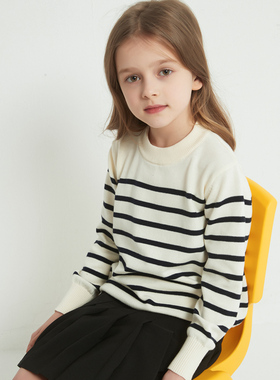 2025新款春季女童条纹打底衫纯棉中大童圆领针织衫毛衣春秋上衣
