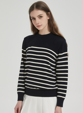 2025春款女士打底衫纯棉条纹圆领针织套衫薄款春秋女装上衣内搭