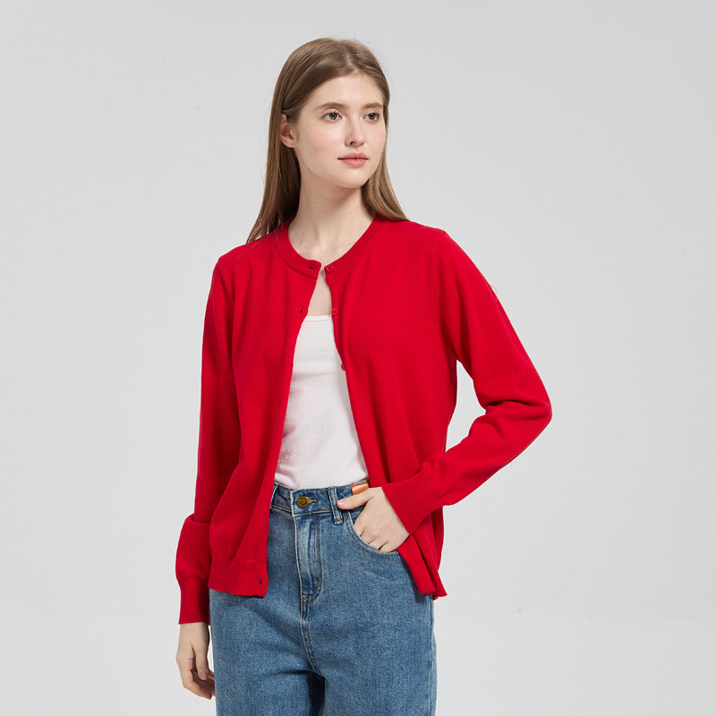 2026春秋薄款女针织开衫纯棉春秋外套纯色百搭圆领针织开衫外搭薄