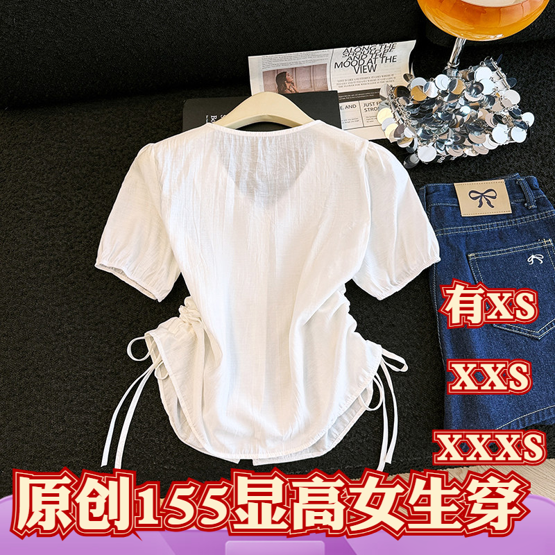 夏季小个子女装加小码XXXS150cm显高短袖衬衫V领排扣口袋收绳腰女