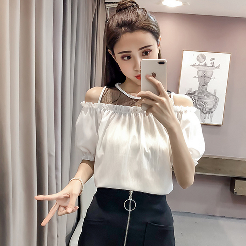 蘑菇街女装特卖2018夏装新款百搭修身露肩网纱荷叶边短袖雪纺衫上