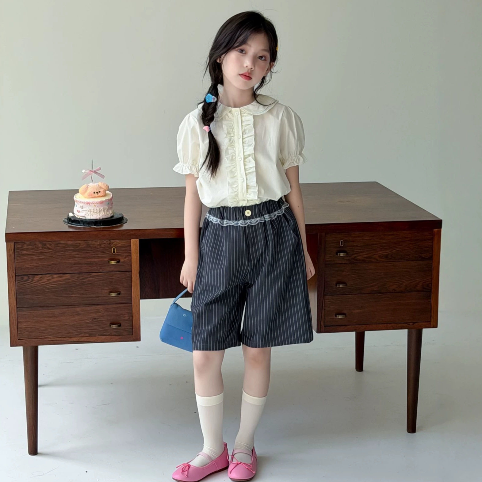 童套装2026夏新款女童娃娃领泡泡袖衬衫条纹阔腿五分裤套装两件套