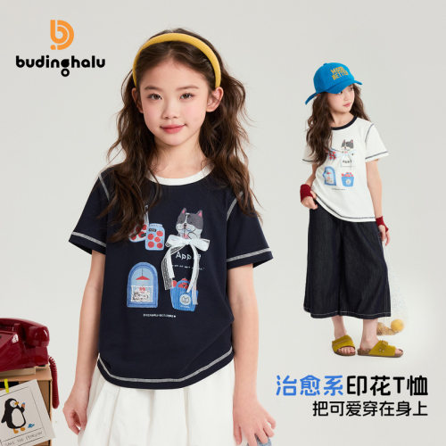 布丁哈鲁童装圆领t恤2026夏季新款女童治愈系印花短袖t立体蝴蝶结