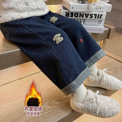 童装女童秋冬裤子2025新款中小童加绒牛仔裤儿童卡通一体绒直筒裤