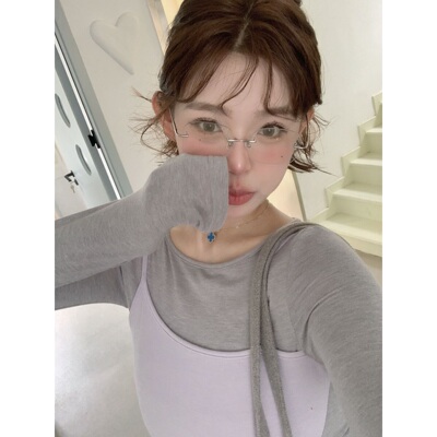 韩系简约长袖假两件修身T恤女