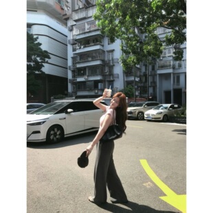 memorial.真酱 条纹阔腿裤桃子少女休闲修身显瘦长裤灰色直筒日常