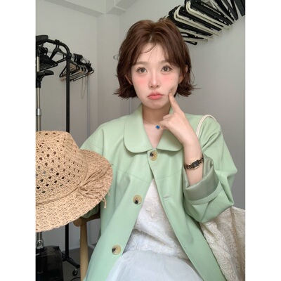韩版慵懒绿皮衣女中长款显白