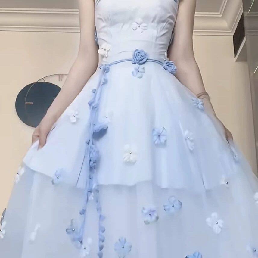 蓝色新款玫瑰花配裙子腰链手工钩花立体花朵项链穿搭腰带配饰品
