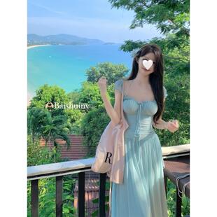 白水女 海岛方领气质裙子 层叠浪漫 网纱海边度假连衣裙女夏季